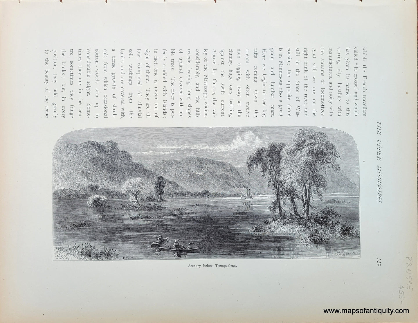 Antique page turned sideways so that the illustration is right side up but the text (which appears above the image in this orientation) is sideways. Shows a scene on the Mississippi River with Kayaks near Trempealeau wisconsin