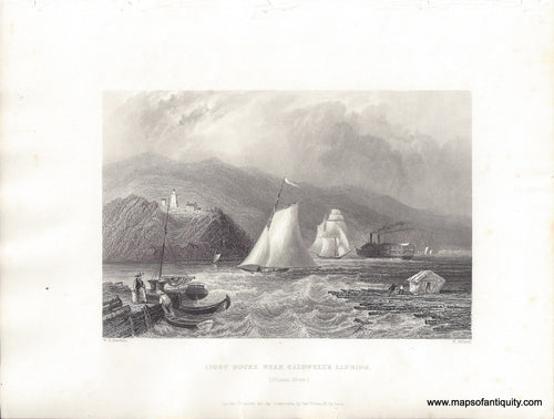 Antique print showing a view of the Hudson River near Caldwells Landing (now called Jones Point) with various types of ships in the foreground and the lighthouse in the distance. Uncolored.