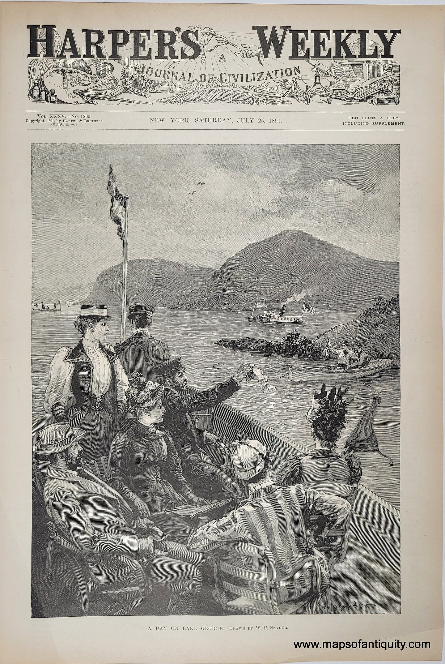 1891 - A Day on Lake George - Antique Print