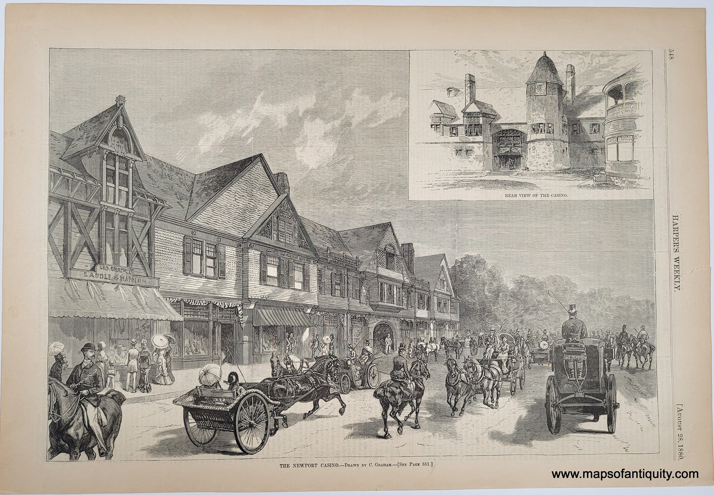 Black and white print showing buildings in the background and a busy street with horses and carriages in the foreground.