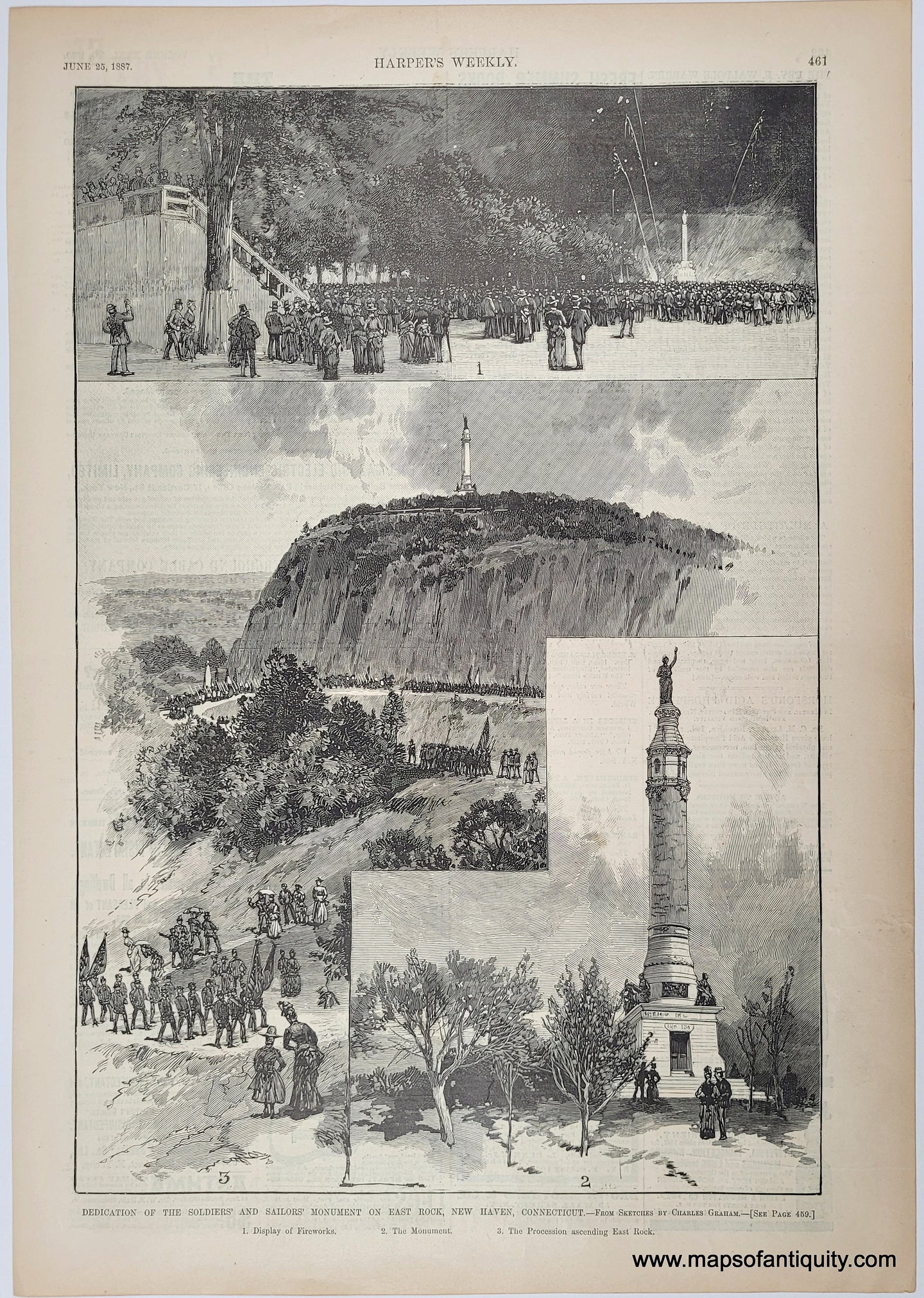 1887 - Dedication of the Soldiers' and Sailors' Monument on East Rock, New Haven, Connecticut - Antique Print