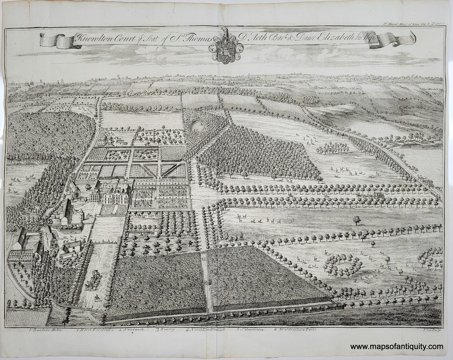 Antique black and white print of a large English estate country house with long rows of trees, manicured gardens, deer, livestock, horse-drawn carriages, orchards, out buildings, stables, and perhaps a croquet court or cricket pitch. Very grand and highly detailed.