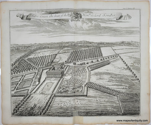 Antique black and white print of a large English estate country house with long rows of trees, manicured gardens, deer, horse-drawn carriage, orchards, out buildings and stables. Very grand and highly detailed.