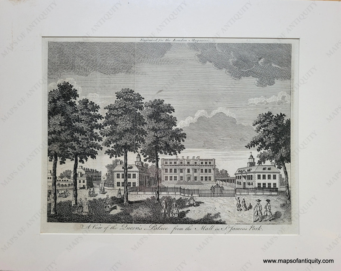 Genuine-Antique-Print-A-View-of-the-Queens-Palace-from-the-Mall-in-St-Jamess-Park-1780-London-Magazine-Maps-Of-Antiquity