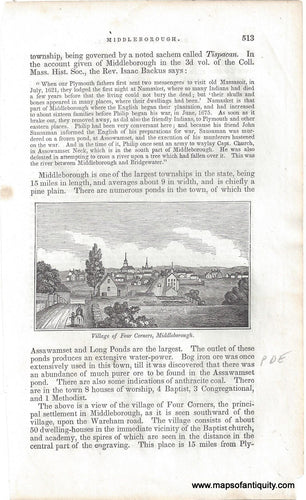 Antique page with text and an image in the middle. Image is a black and white print view of the village of four corners in Middleborough, MA, as it appeared in 1840. 