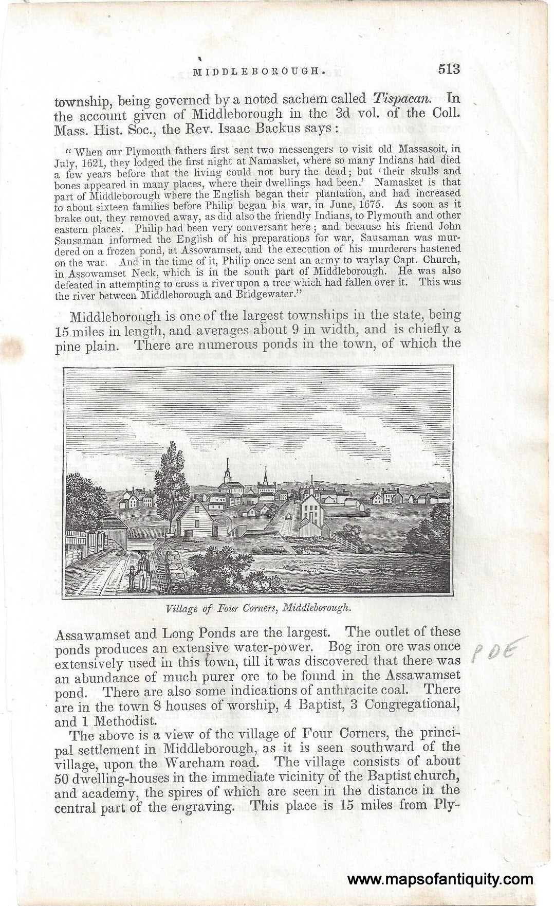 Antique page with text and an image in the middle. Image is a black and white print view of the village of four corners in Middleborough, MA, as it appeared in 1840. 