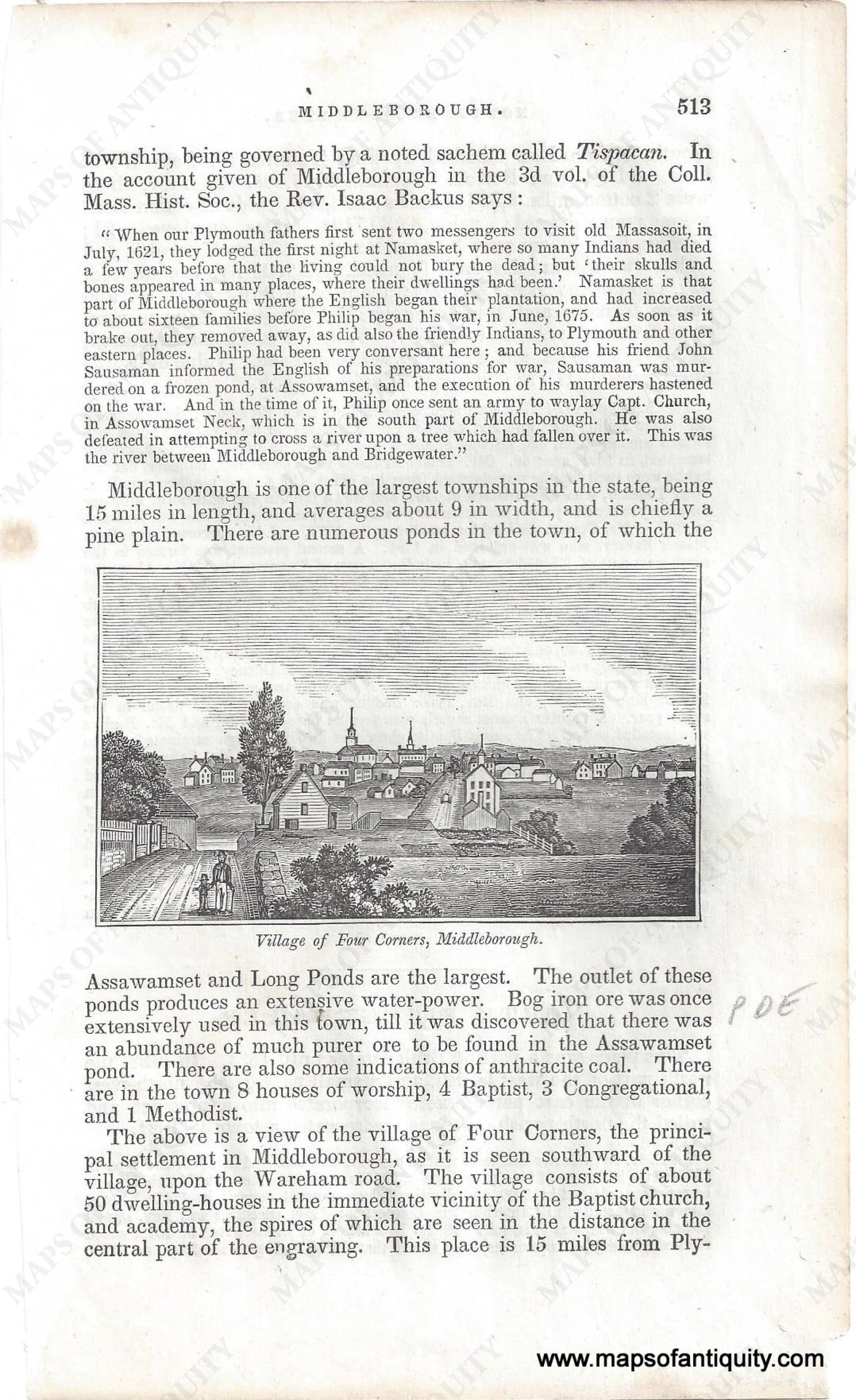 Antique page with text and an image in the middle. Image is a black and white print view of the village of four corners in Middleborough, MA, as it appeared in 1840. 