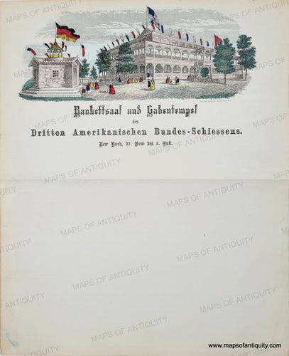 Original hand-coloring in tones of red, yellow, green, blue, and black. 1860 - NY Third American Federal Shooting Match - Bankettsaal und Gabentempel des Dritten Amerikanischen Bundes-Schiessens - Antique Print