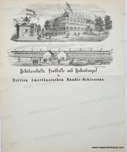 Original print in black and white with two scenes. 1860 - NY Third American Federal Shooting Match - Bankettsaal und Gabentempel des Dritten Amerikanischen Bundes-Schiessens - Antique Print