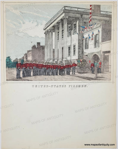 Antique Print of fire fighters in the mid-1800s in uniform in red shirts, hats with a fire hose on a carriage. original hand-coloring in red, blue, brown, and green