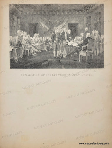 BLack and white antique print based on the famous painting by Trumbull. Room of men, mostly with white hair, several stand in the middle foreground by a table with document and quill. 