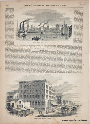 Genuine-Antique-Engraved-Illustration-Clark-Street-Bridge-Lake-Street-Chicago-IL-c-1853-Ballous-Pictorial-Drawing-Room-Companion-Maps-Of-Antiquity