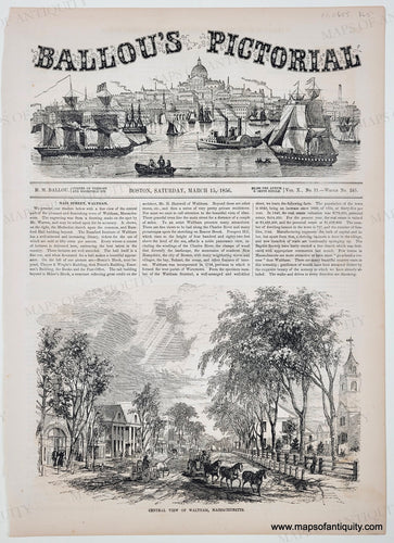 Genuine-Antique-Print-Central-View-of-Waltham-Massachusetts-1856-Ballous-Pictorial-Maps-Of-Antiquity