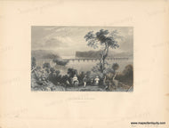 Antique black and white illustration of a landscape with people and a tree, and the Columbia Bridge in the distance