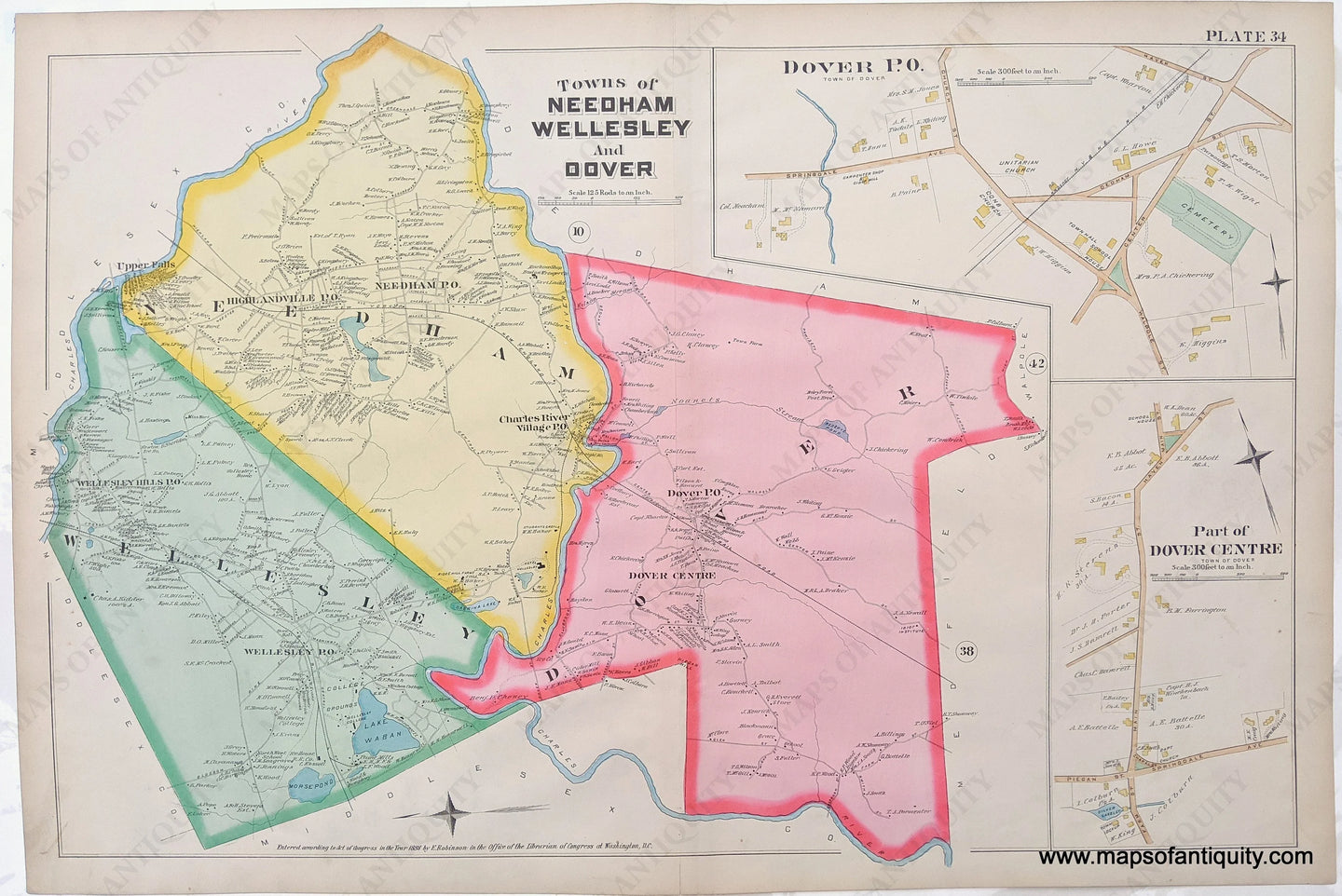 1888 - Towns of Needham, Wellesley, and Dover, MA, with Dover P.O. and Part of Dover Centre, Plate 34 - Antique Map