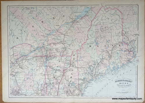 1872 - Maine And Part Of Quebec. Antique Map Genuine Hand-Colored