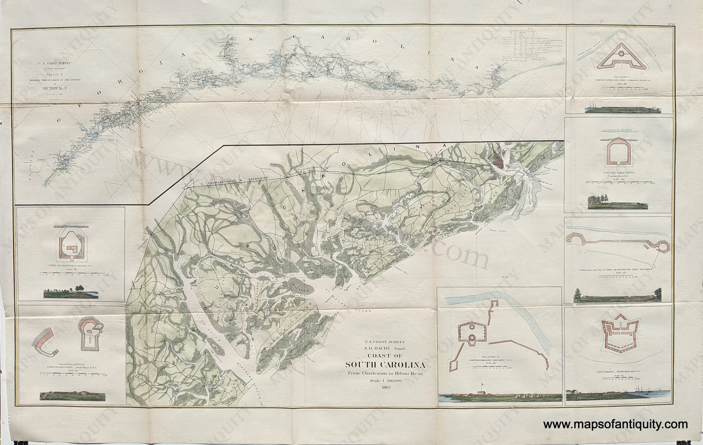 Genuine Hand Colored Antique Coastal Report Chart-Coast of South Carolina from Charleston to Hilton Head-1862-US Coast Survey-Maps-Of-Antiquity