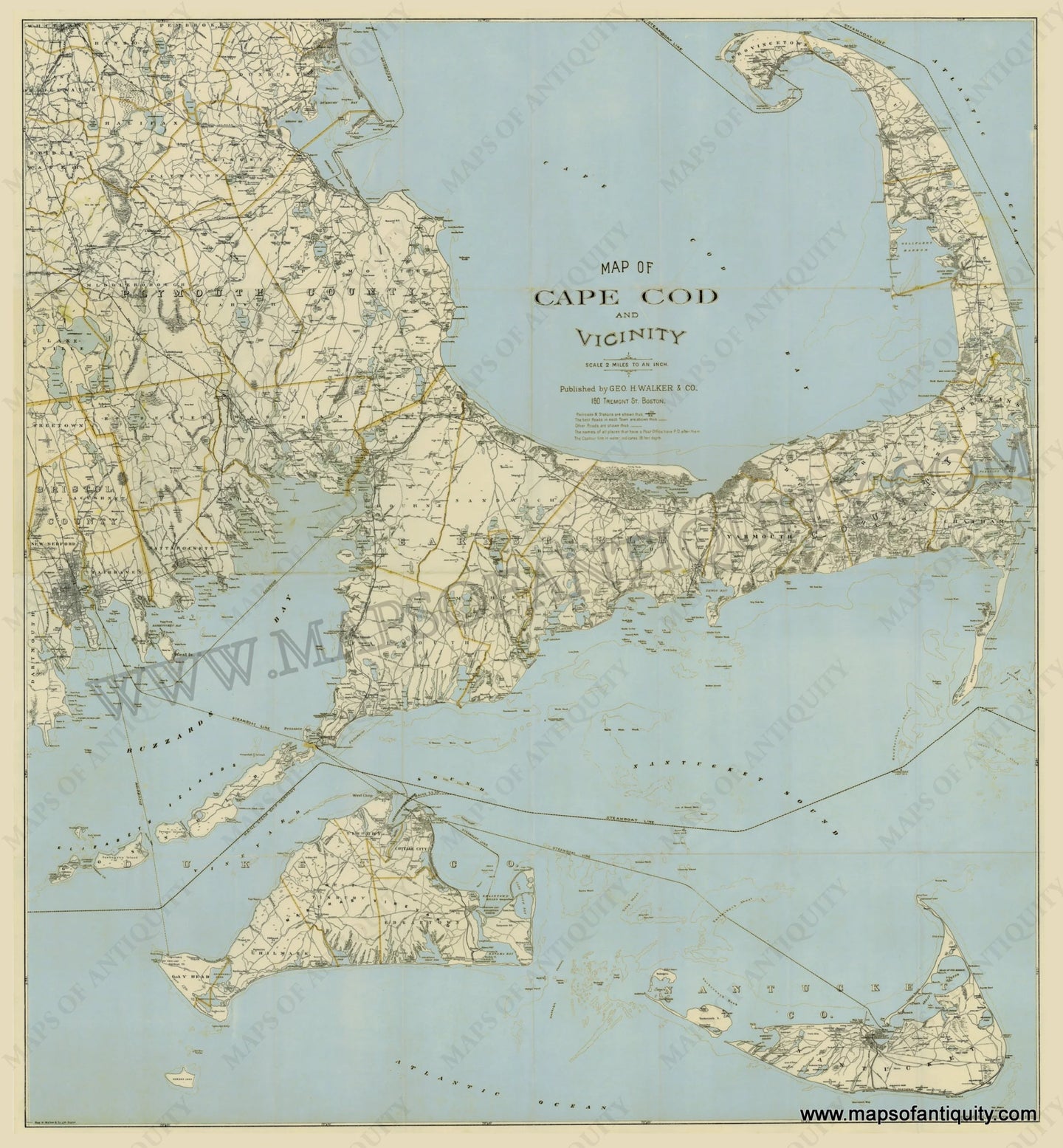 Reproduction-Map-of-Cape-Cod-and-Vicinity-1892-walker-antique-map-blue-water-Maps-of-Antiquity