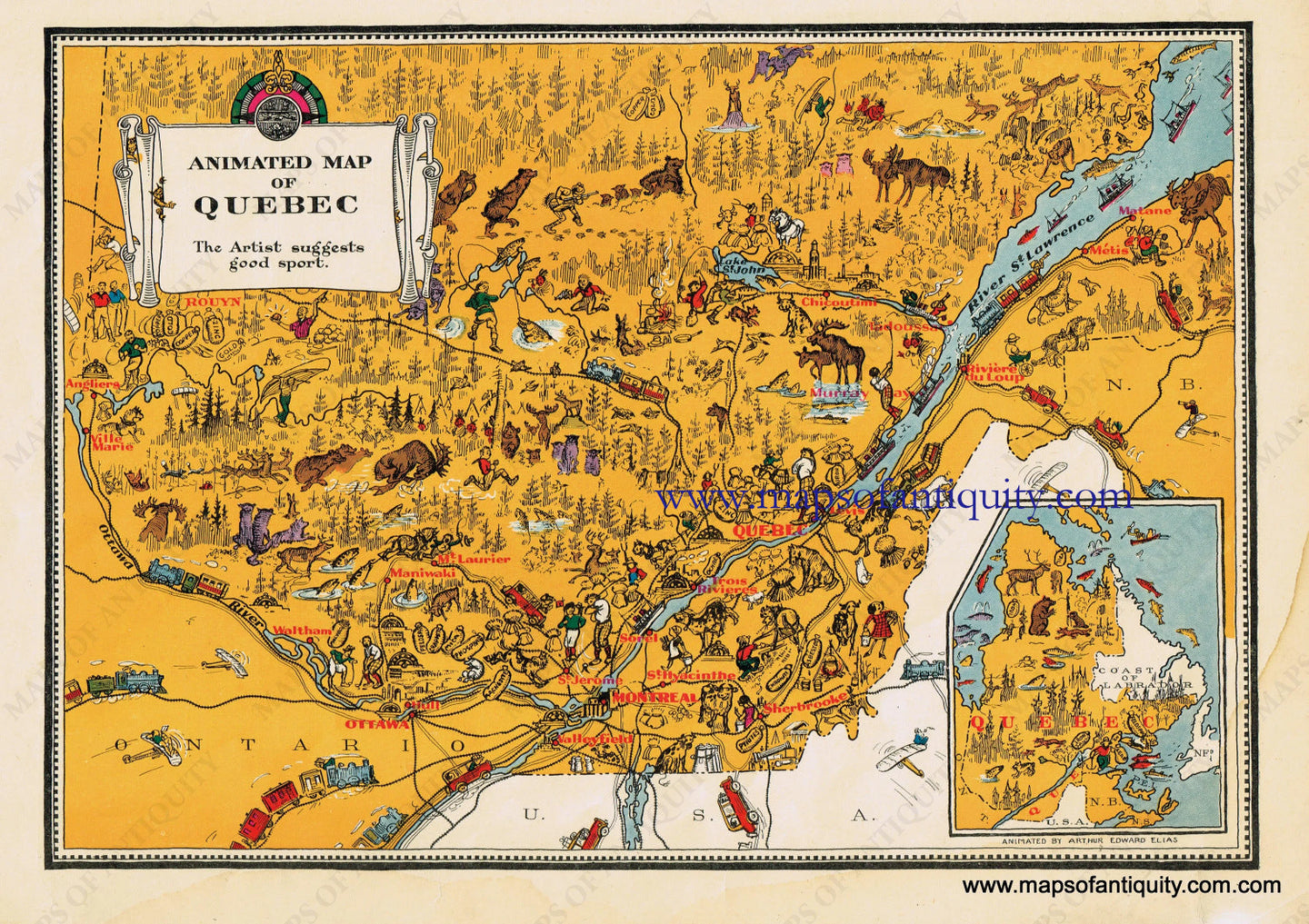 Reproduction-Antique-Pictorial-Map-Quebec-Canada-Arthur-Elias-1940s-Maps-of-Antiquity