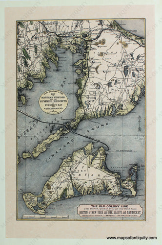 Hand-Colored-Reproduction-Old-Colony-Line-Map-of-Martha's-Vineyard-or-Buzzard's-Bay-and-Vineyard-Sound---Reproduction-***UNAVAILABLE***---Reproduction--Maps-Of-Antiquity