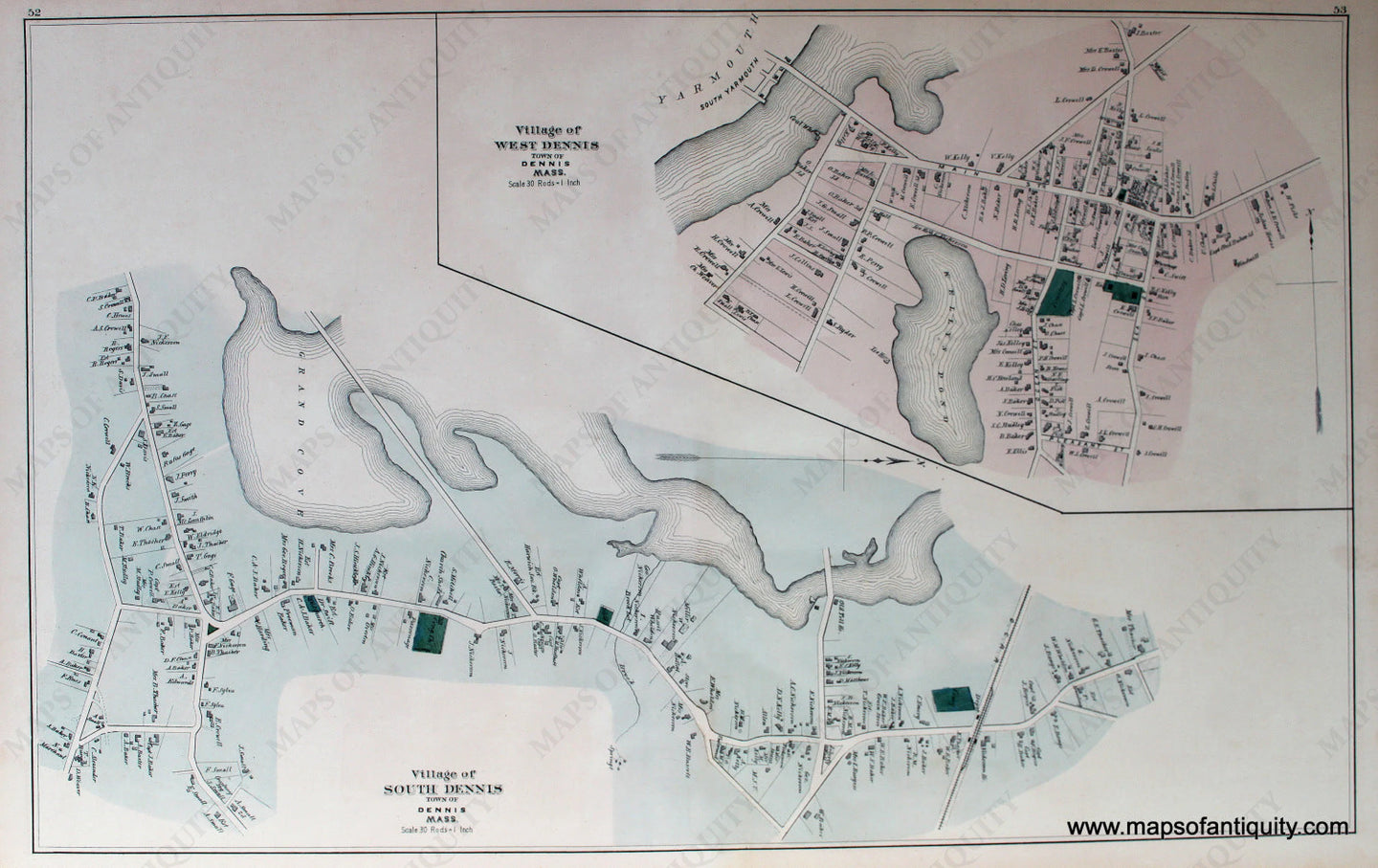 Reproduction-Villages-of-South-Dennis-West-Dennis-pp.-52-53-Town-and-Village-Maps-Atlas-of-Barnstable-County-Walker-1880.---Reproduction---Reproductions-Cape-Cod-and-Islands-Reproduction--Maps-Of-Antiquity