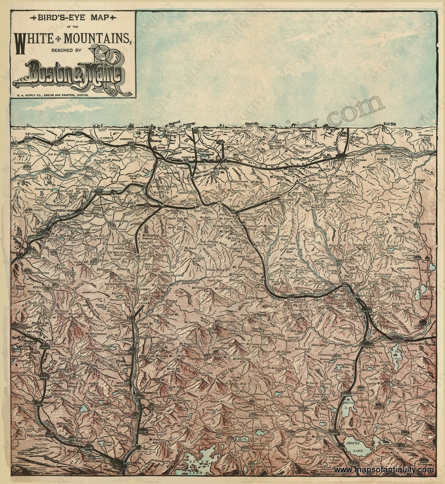 Reproduction-Bird's-Eye-Map-of-the-White-Mountains-reached-by-Boston-and-Maine---Reproduction---Reproductions-Northeast-Reproduction--Maps-Of-Antiquity