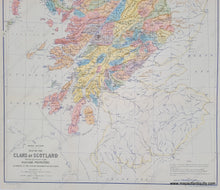 Load image into Gallery viewer, Reproduction print of an antique map of Scotland showing Scottish Clans and Highland Proprietors according to the acts of Parliament in 1587 and 1594. Also shows towns, topography etc.
