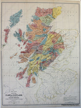 Load image into Gallery viewer, Clans-of-Scotland-PrintReproduction print of an antique map of Scotland showing Scottish Clans and Highland Proprietors according to the acts of Parliament in 1587 and 1594. Also shows towns, topography etc.
