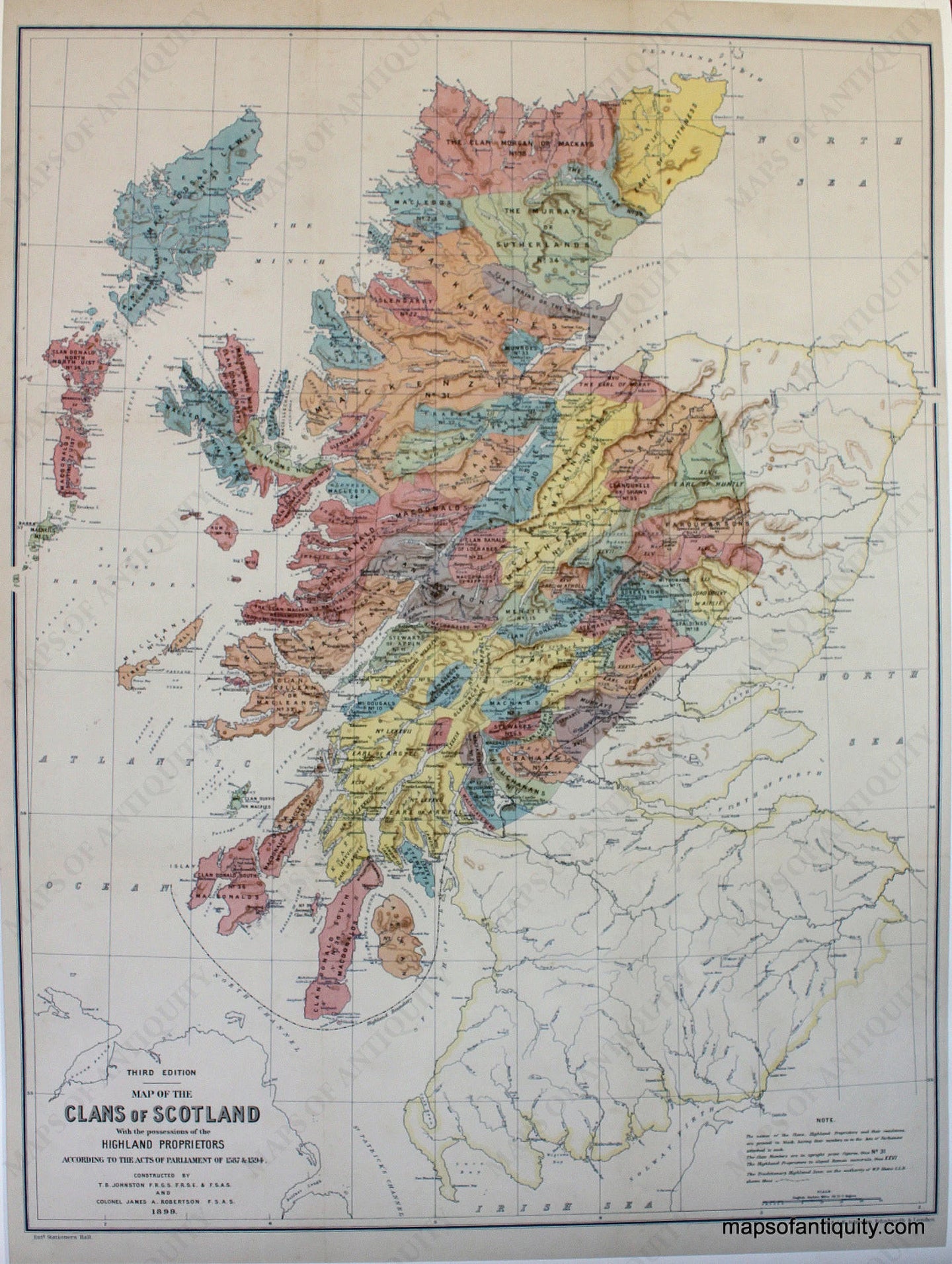 Clans-of-Scotland-PrintReproduction print of an antique map of Scotland showing Scottish Clans and Highland Proprietors according to the acts of Parliament in 1587 and 1594. Also shows towns, topography etc.