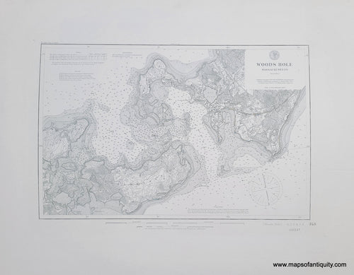 Uncolored sailing chart of the harbor of woods hole with water depths and showing some land information