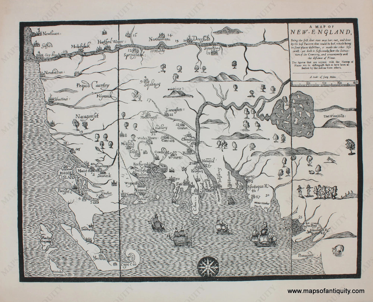 Reproduction-A-Map-of-New-England----Reproduction-Reproduction--Non-Cape-Cod-New-England-&-Northeast-General-&-Towns-20th-Century/-1677-John-Foster-Maps-Of-Antiquity