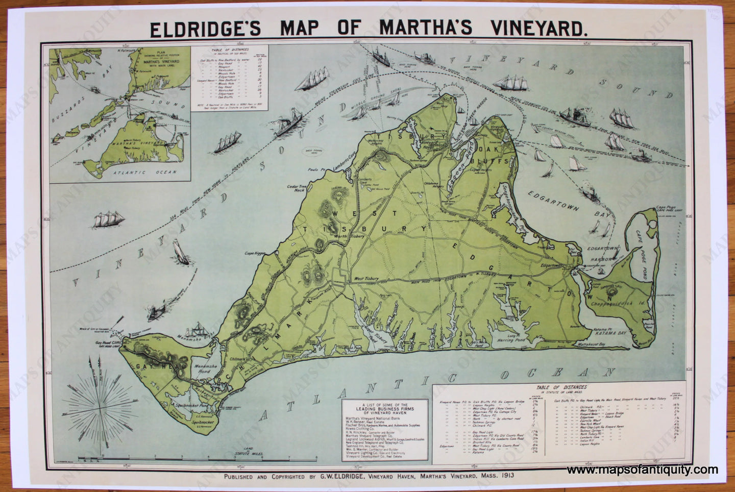 Print-Prints-Reproduction-Reproductions-Antique-Eldridge's-Map-of-Martha's-Vineyard-George-Eldridge-1913-Maps-of-Antiquity