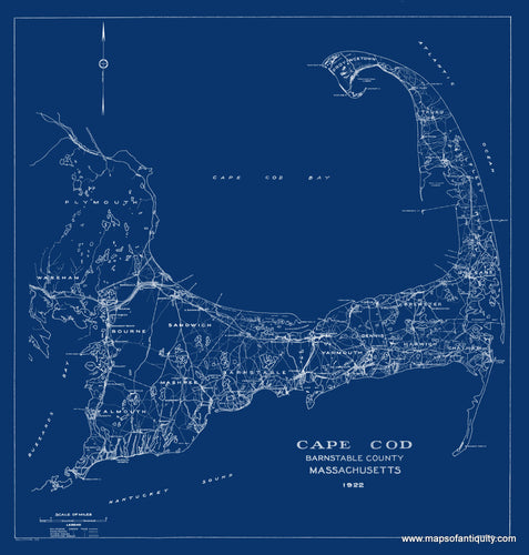 blue and white, blueprint style Reproduction-Antique-Map-Cape-Cod-Barnstable-County-Massachusetts-1922