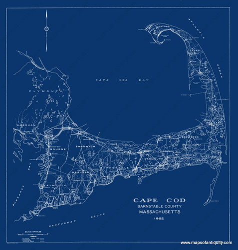 blue and white, blueprint style Reproduction-Antique-Map-Cape-Cod-Barnstable-County-Massachusetts-1922