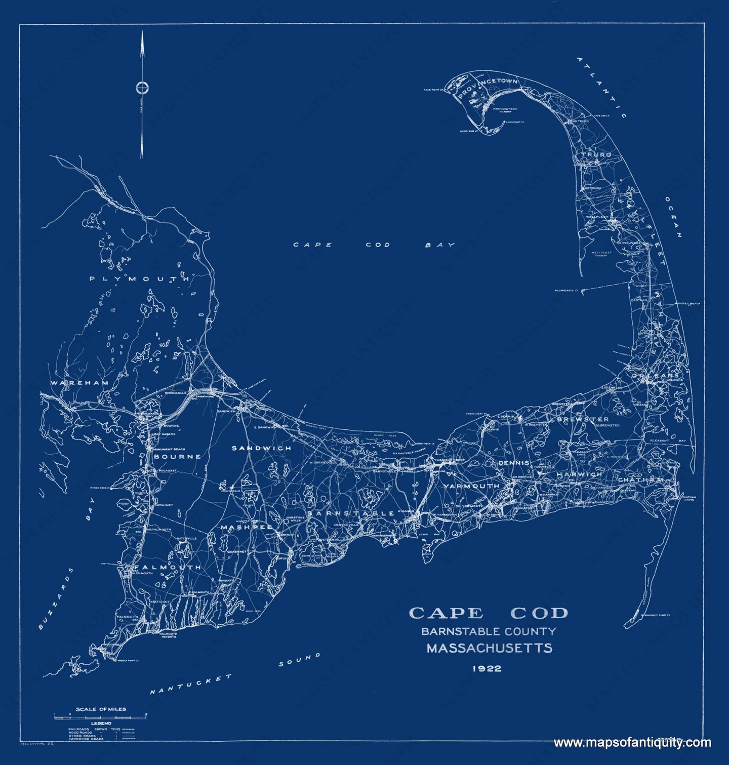 blue and white, blueprint style Reproduction-Antique-Map-Cape-Cod-Barnstable-County-Massachusetts-1922