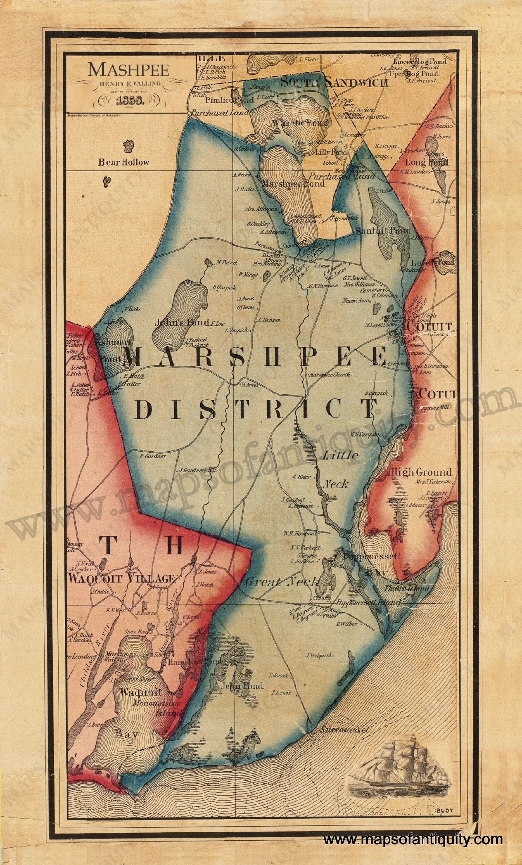 Mashes Map Mashpee 1858 - Reproduction Map – Maps of Antiquity