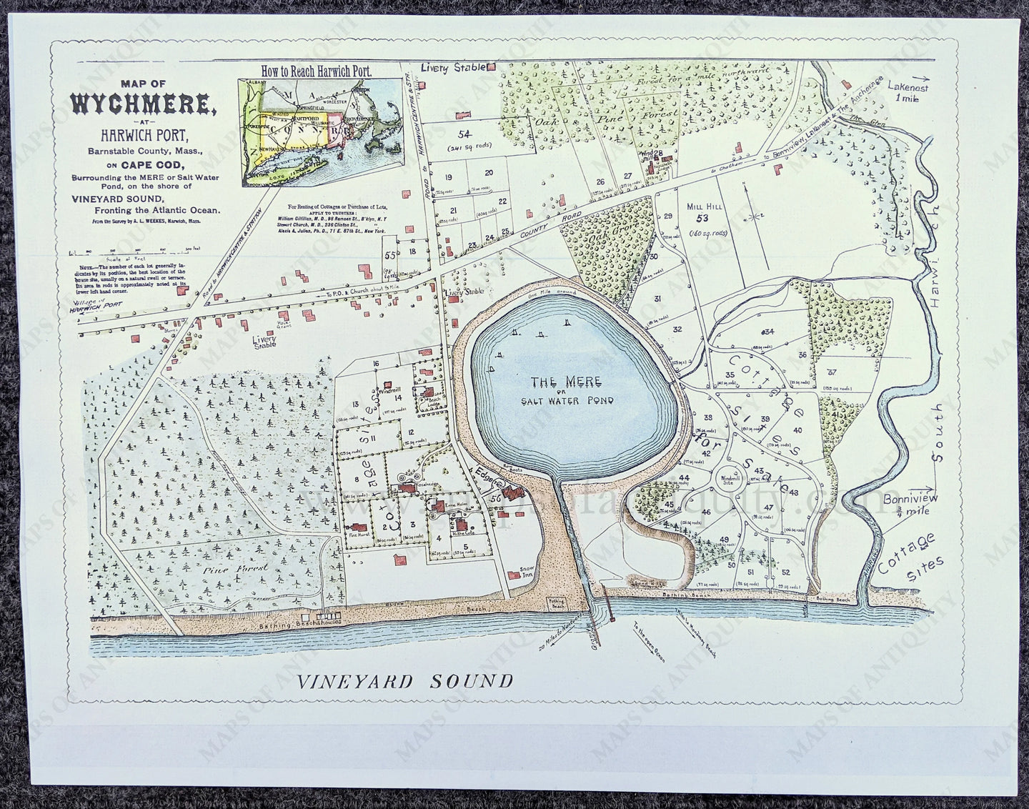 Reproduction-Map-of-Wychmere-at-Harwich-Port-Barnstable-County-Mass.-on-Cape-Cod-Surrounding-the-Mere-or-Salt-Water-Pond-on-the-shore-of-Vineyard-Sound-Fronting-the-Atlantic-Ocean.-Reproduction----Maps-Of-Antiquity-1800s-19th-century