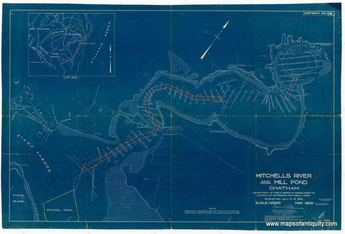 Giclee-Print-Reproduction-Mitchells-River-Mill-Pond-Chatham-Massachusetts-blueprint-blue-print-map-chart-nautical-water-depths-reproduction-1925-Maps-of-antiquity