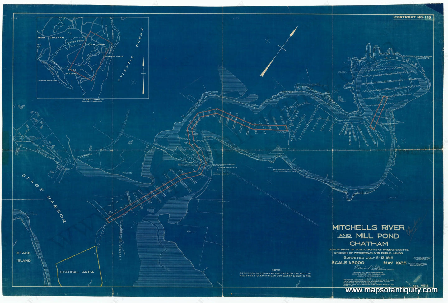 Giclee-Print-Reproduction-Mitchells-River-Mill-Pond-Chatham-Massachusetts-blueprint-blue-print-map-chart-nautical-water-depths-reproduction-1925-Maps-of-antiquity