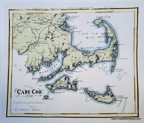 Hand-colored Reproduction of Cape Cod, Martha's Vineyard, and Nantucket with Plymouth and Bristol counties, Massachusetts. Colored with blue along the shore and shoals and green in the land, border is yellow and red. All colored are in historical tones appropriate to the subject. -Cape-Cod-1795-by-Samuel-Lewis---Maps-Of-Antiquity