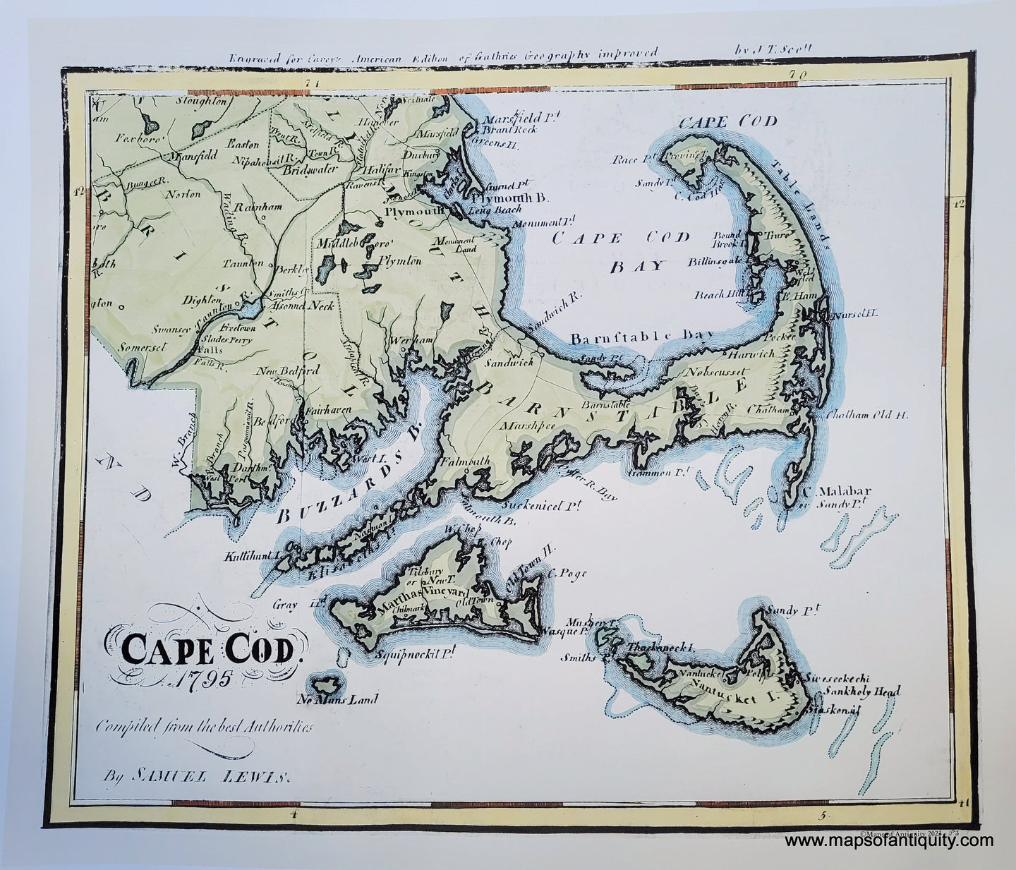 Hand-colored Reproduction of Cape Cod, Martha's Vineyard, and Nantucket with Plymouth and Bristol counties, Massachusetts. Colored with blue along the shore and shoals and green in the land, border is yellow and red. All colored are in historical tones appropriate to the subject. -Cape-Cod-1795-by-Samuel-Lewis---Maps-Of-Antiquity