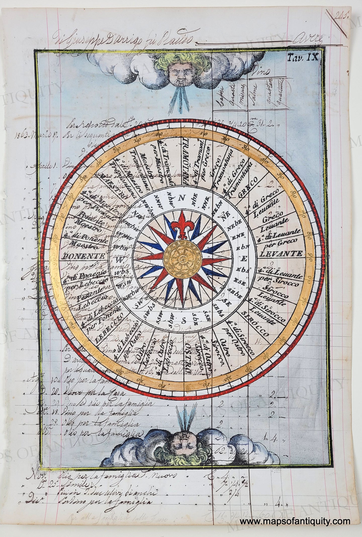Reproduction-antique-print-Wind-Compass on antique paper compass rose with the zephyrs blowing