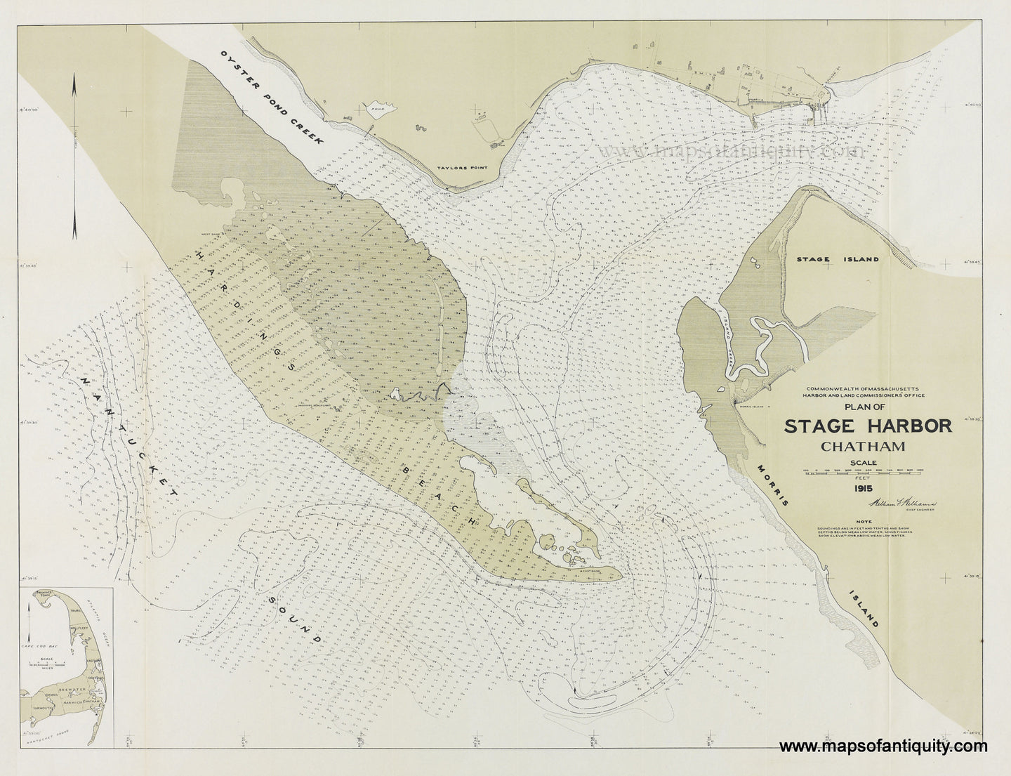 Reproduction of an antique chart of part of the coast of Chatham MA in a khaki color for the land, with water depths aka soundings throughout and marshy areas grayed out. This would have been useful for sailing in these areas but may also have been used for dredging
