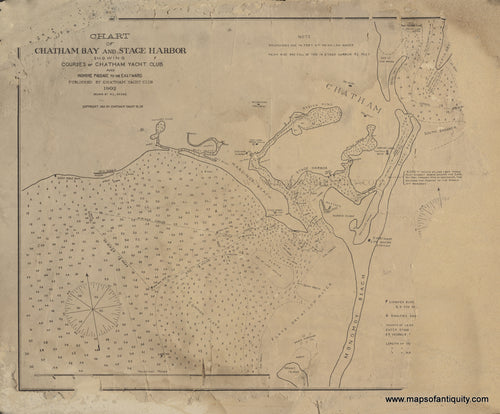 Reproduction of an old chart of the coast of Chatham, Mass with black ink printing and tan toned paper. It shows major sailing waters in the area with water depths. Some loss of the original chart on the right edge but it does not affect the map too much.