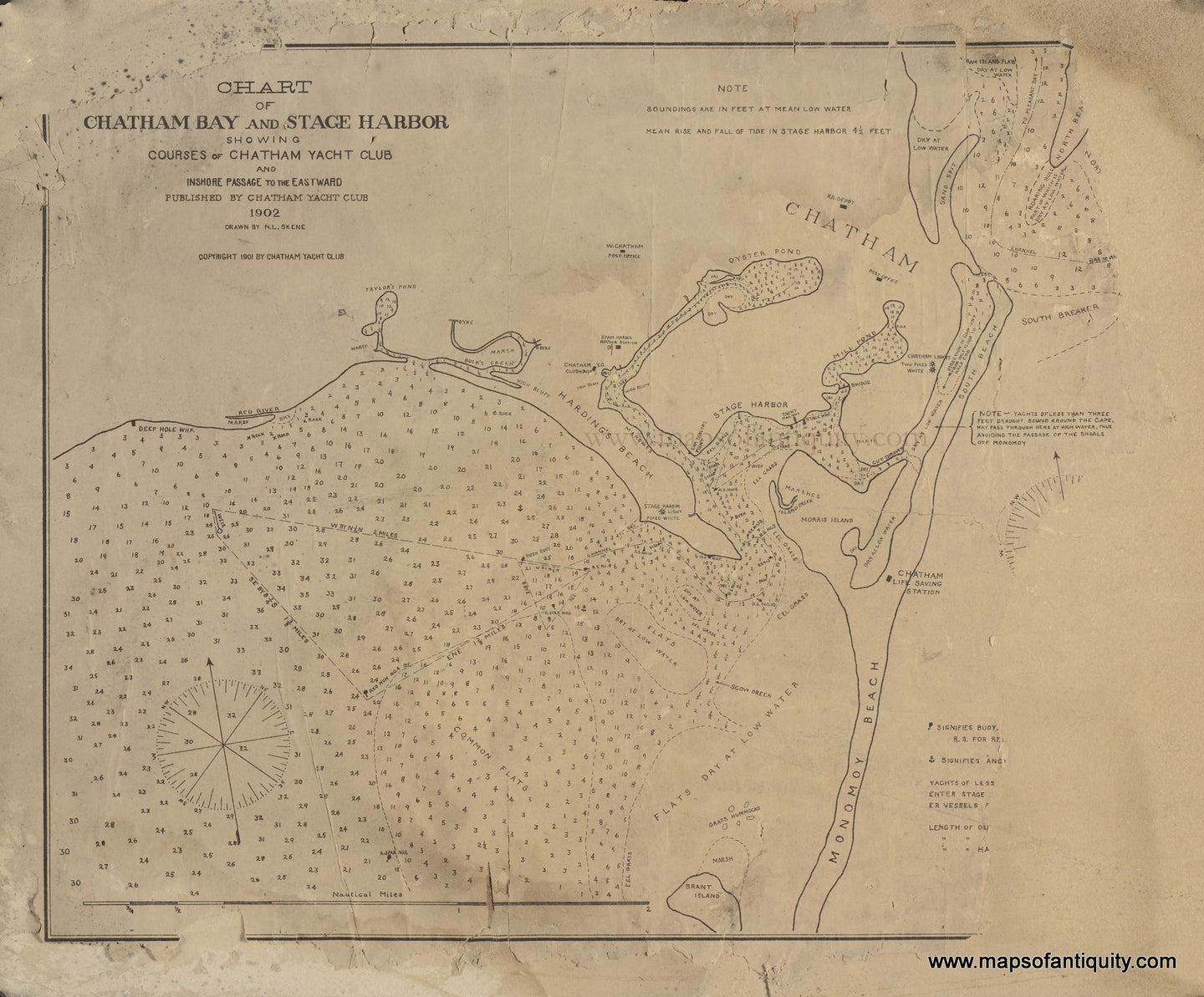 Reproduction of an old chart of the coast of Chatham, Mass with black ink printing and tan toned paper. It shows major sailing waters in the area with water depths. Some loss of the original chart on the right edge but it does not affect the map too much.