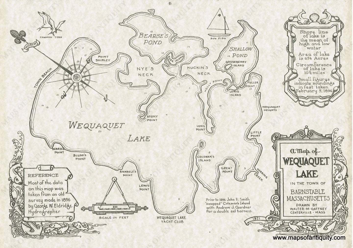 Reproduction of an old map of Wequaquet Lake in Barnstable, Massachusetts, Cape Cod, by Walter M Gaffney. Map is done in black ink on paper that appears to have a slightly mottled look, which makes it look old. 