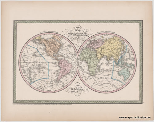 high-quality reproduction of an antique map of the world in two hemispheres. Colored by continent in antique tones of pink, orange, yellow, green, and blue. almost none of Antarctica is on the map. green decorative border. Fancy lettering title.