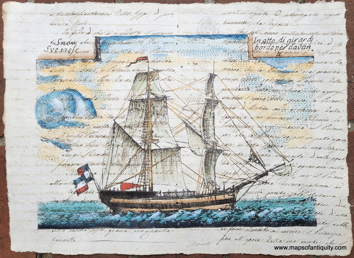 Stately print of a large wooden ship in calm waves with a swirl of wind blowing the sails. Printed on antique paper from the 1700s with beautiful handwritten script in italian.