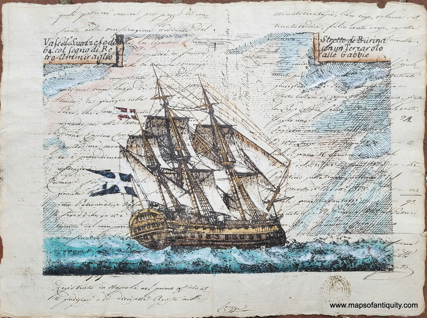 Dynamic print of a large wooden ship, possibly a galleon, tilting in the waves with apparent rain around. Printed on antique paper from the 1700s with beautiful handwritten script in italian.