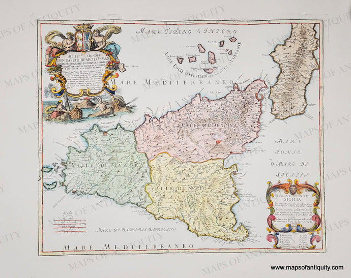 Hand-colored in tones of red, yellow, and green, with colorful decorative cartouches. Digitally-Engraved-Specialty-Reproduction-La-Sicile-Sicily-Italy-Reproduction-Maps-Of-Antiquity